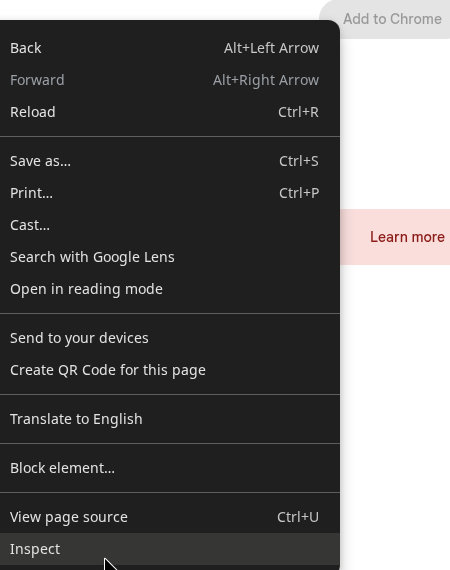 Image shows the mouse over *inspect* option of the right click menu from the *add to chrome* button